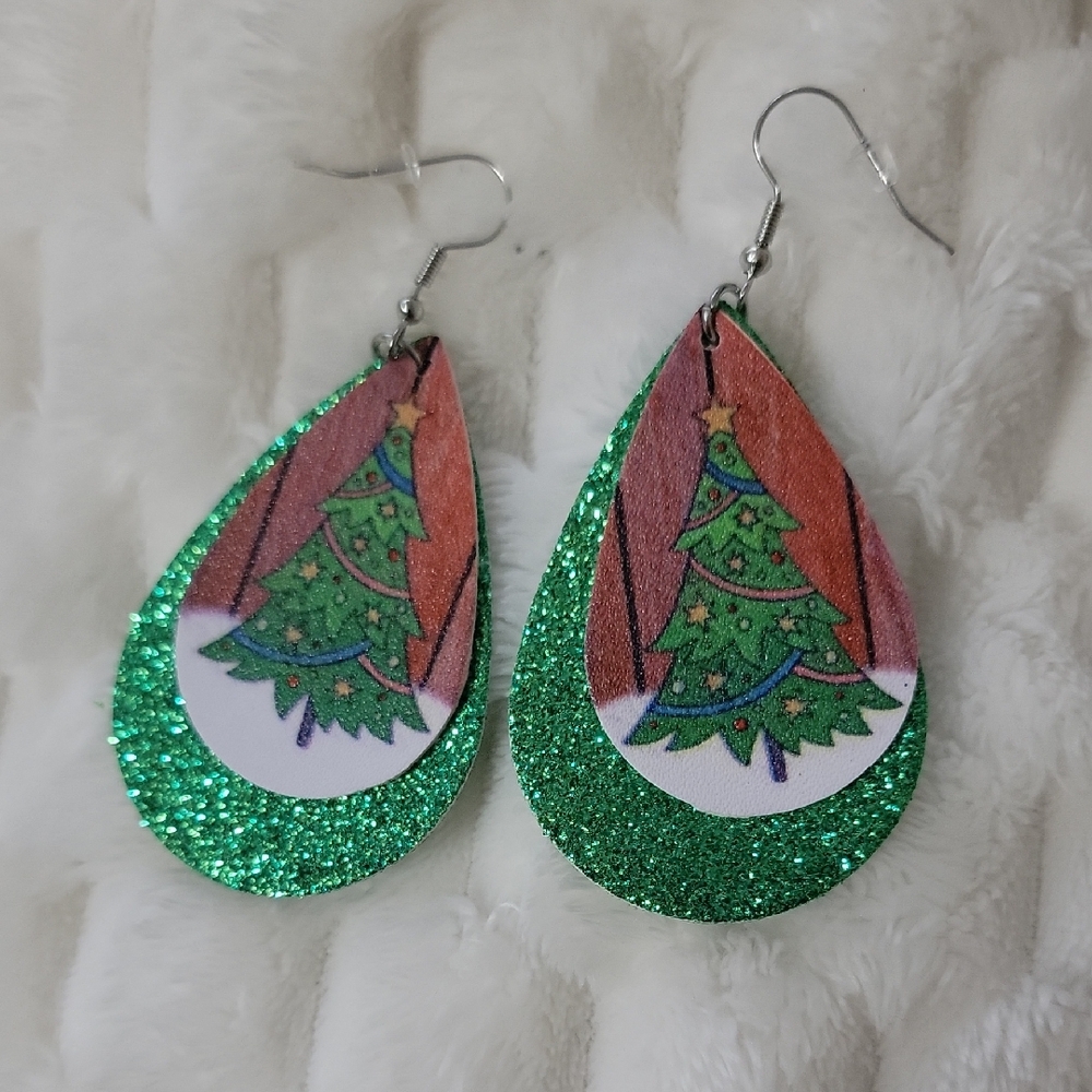 Green Glitter Christmas Tree Earrings Faux Leather